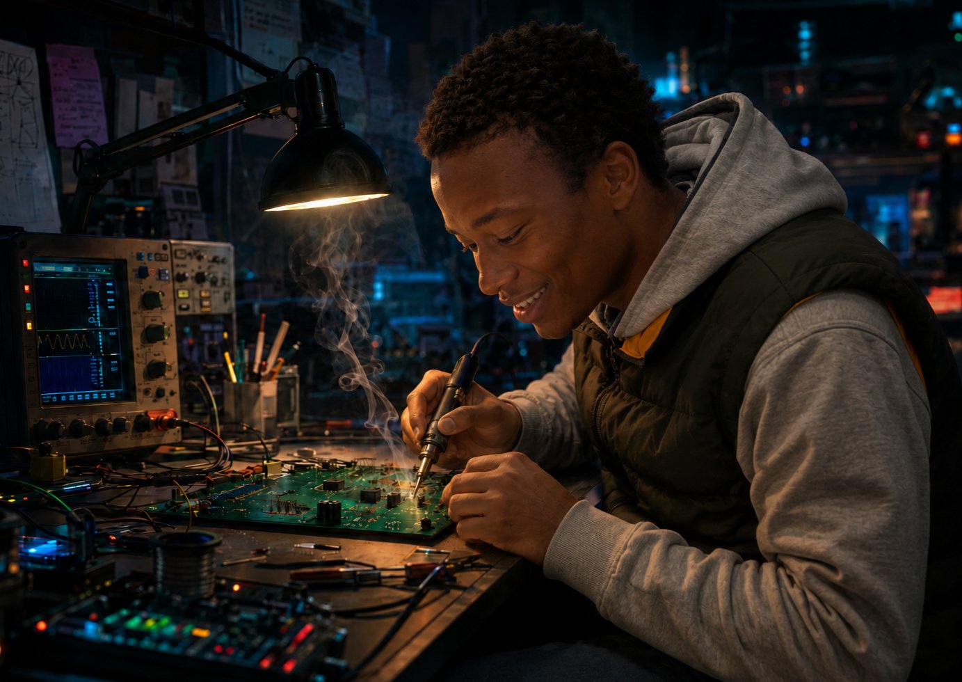 donald soldering at the bench